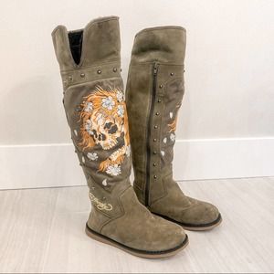 Ed Hardy Rare Suede Fur Skull Boots Size 5